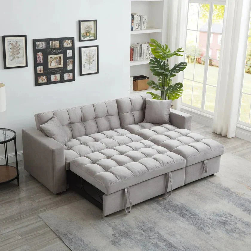 LUXURY PILLOW TOP VELVET SECTIONAL SOFA SLEEPER | REVERSIBLE CHAISE, PULL-OUT BED & STORAGE